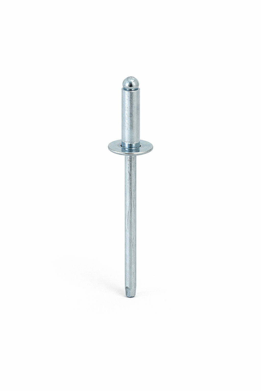 A metal spike with a rounded tip, a flat circular flange, and a slotted end against a white background.