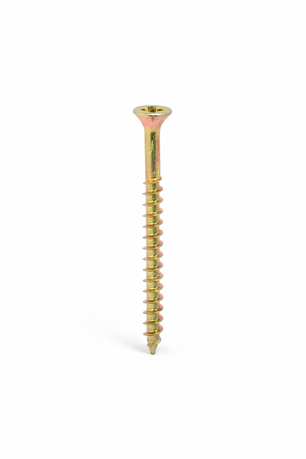 Close-up of a yellow-golden screw with a round, flat head and a threaded body, isolated on a white background. wood screws