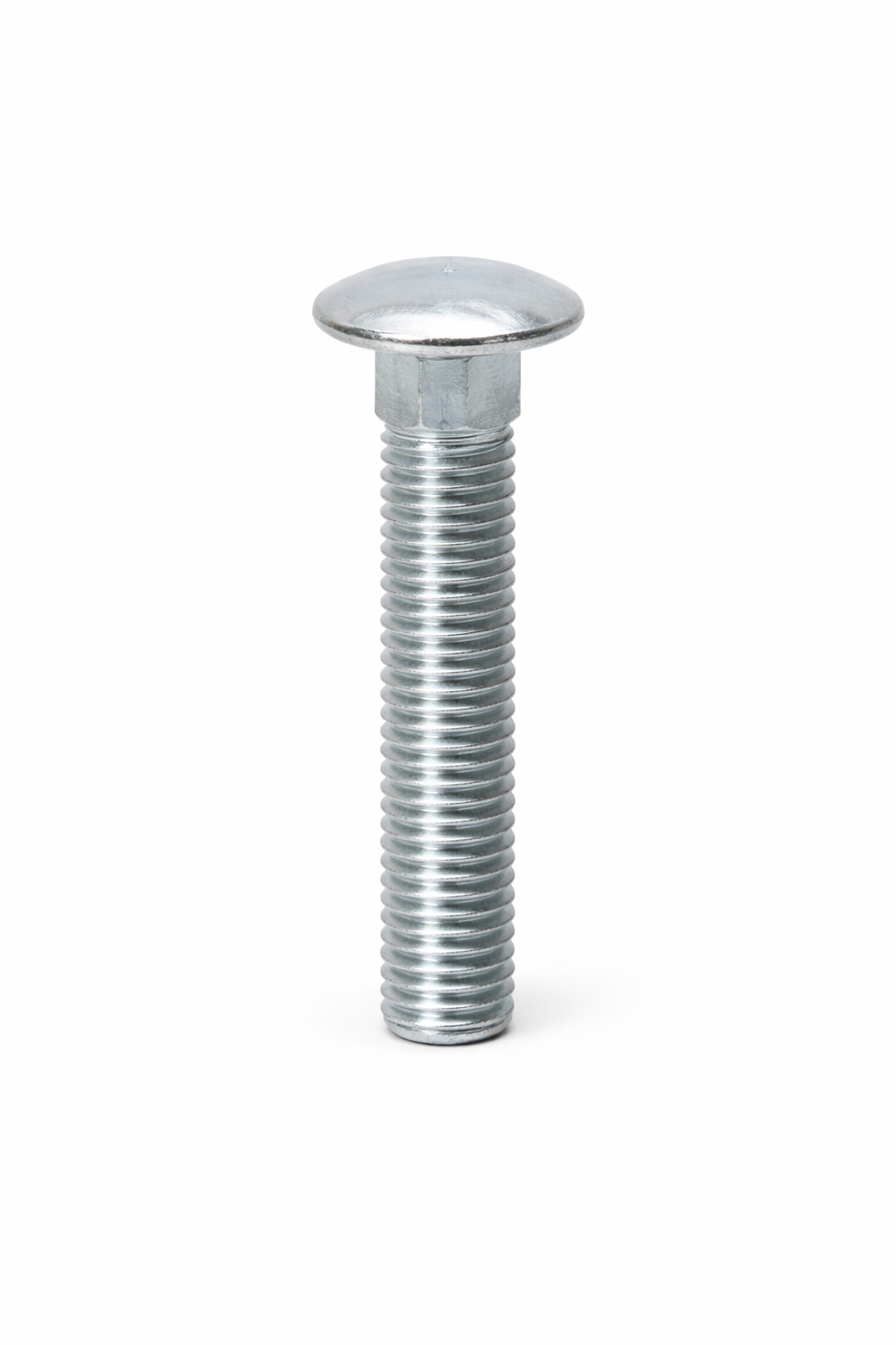 A shiny metal bolt with a round head and threaded shaft, standing upright against a white background.