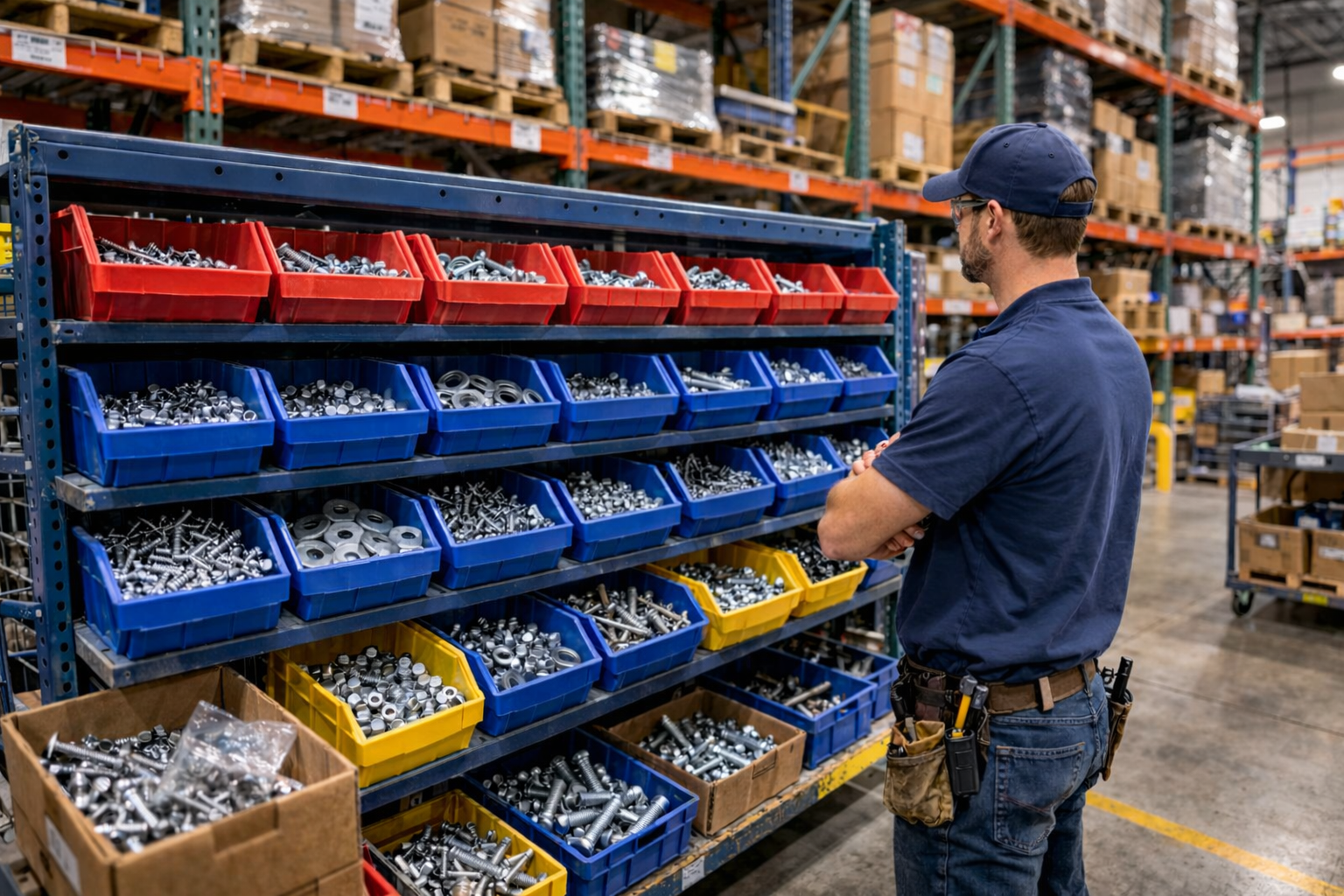 Worker inspecting and organizing industrial fasteners on shelves as part of a bin stocking inventory system