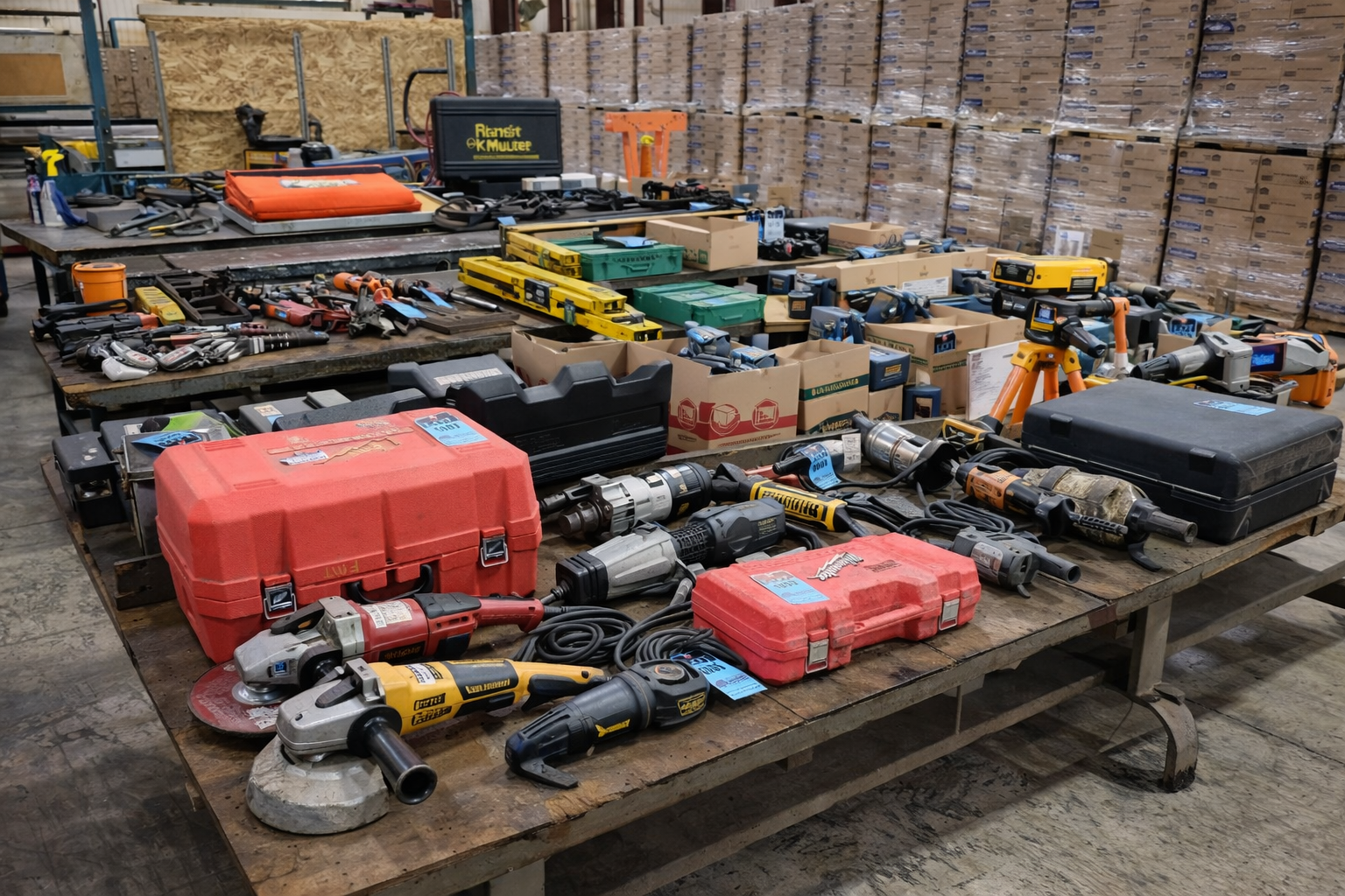 Workshop table with industrial tools and equipment, including power tools and hand tools, arranged for a project with shelves and boxes in the background