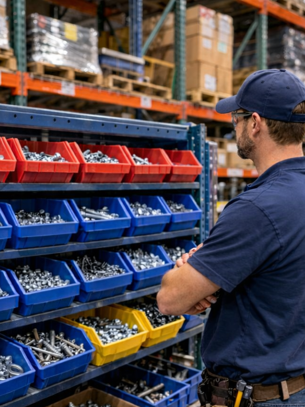 A man with a navy blue cap, glasses, and a navy blue shirt stands in a warehouse aisle, looking at bins of metal bolts organized by color on a shelving unit.