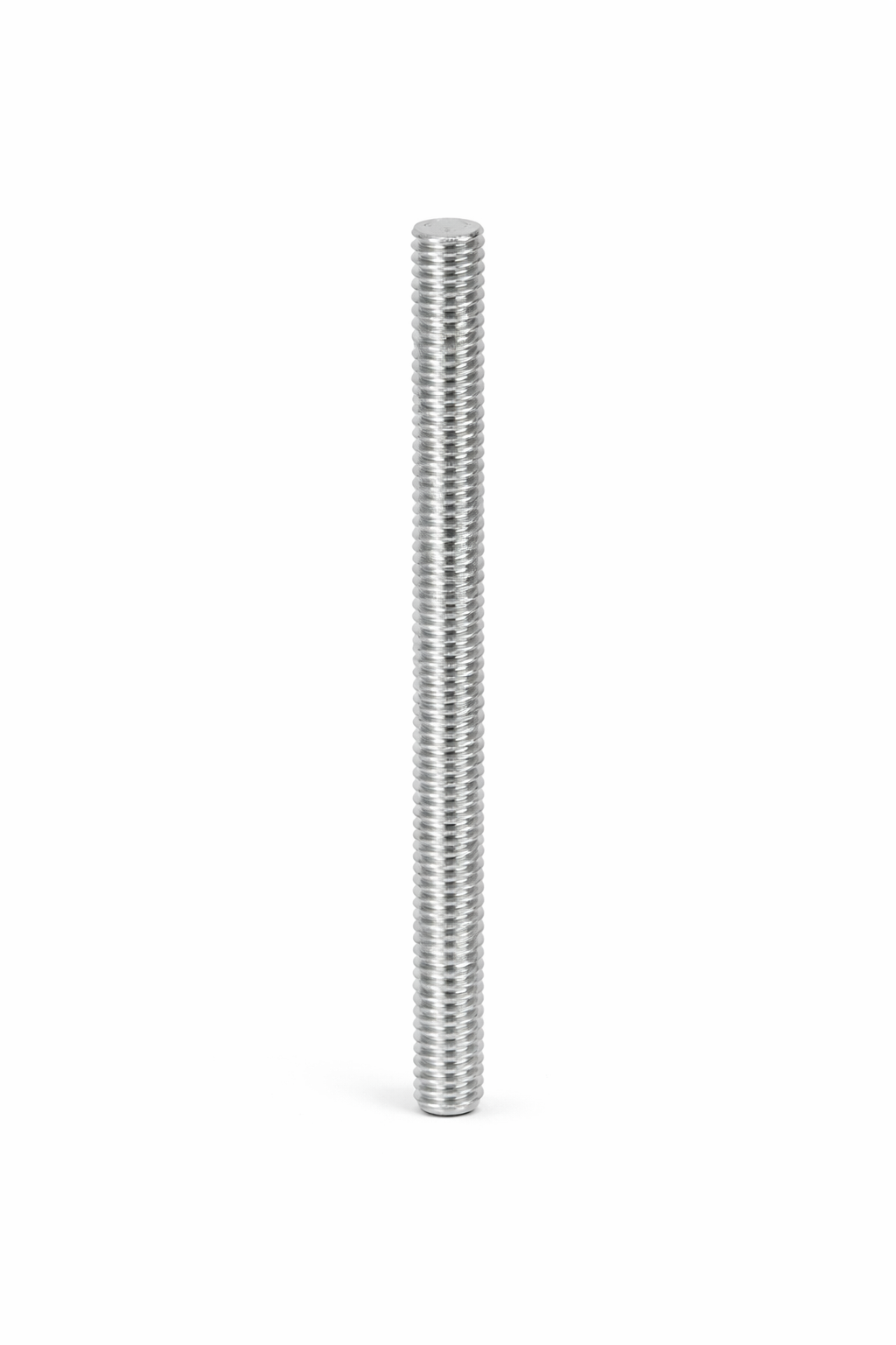 A metal screw standing upright against a plain white background. thread rod