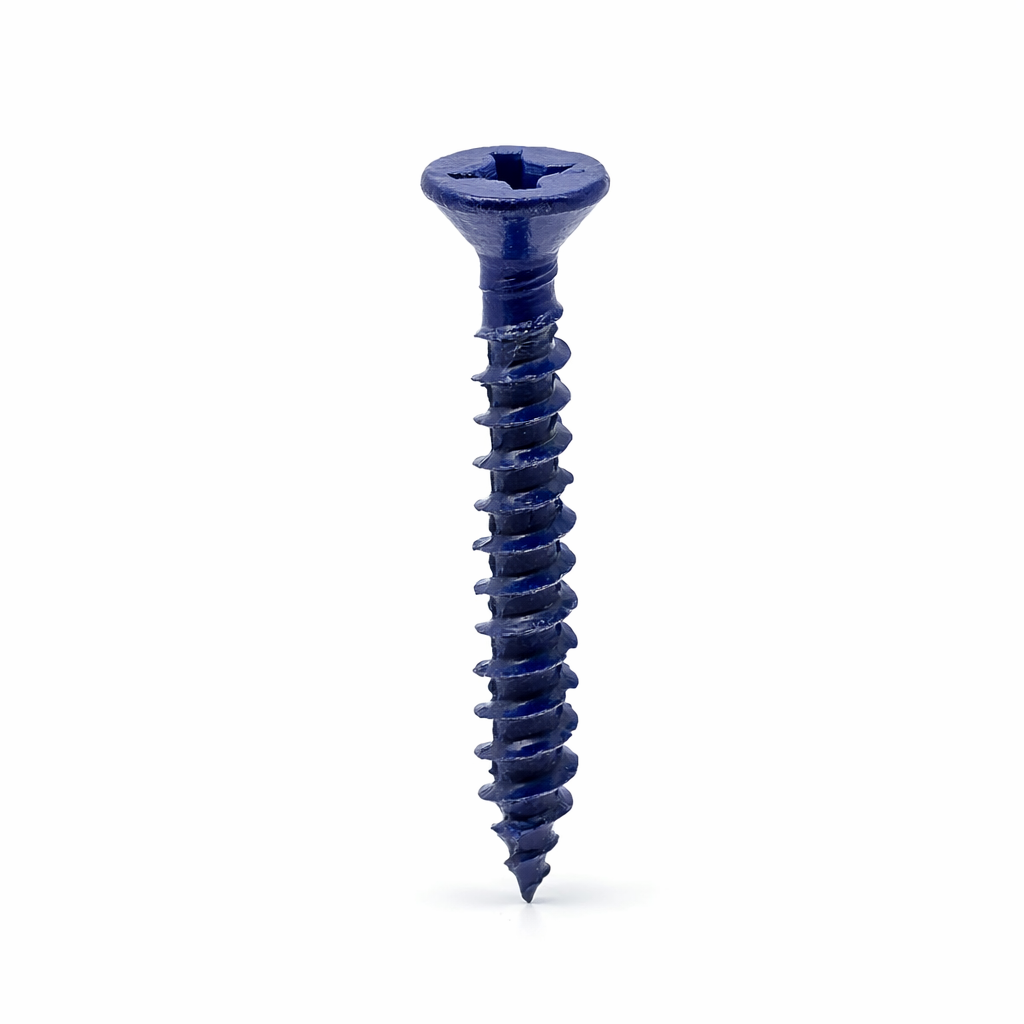 A single blue screw against a white background.