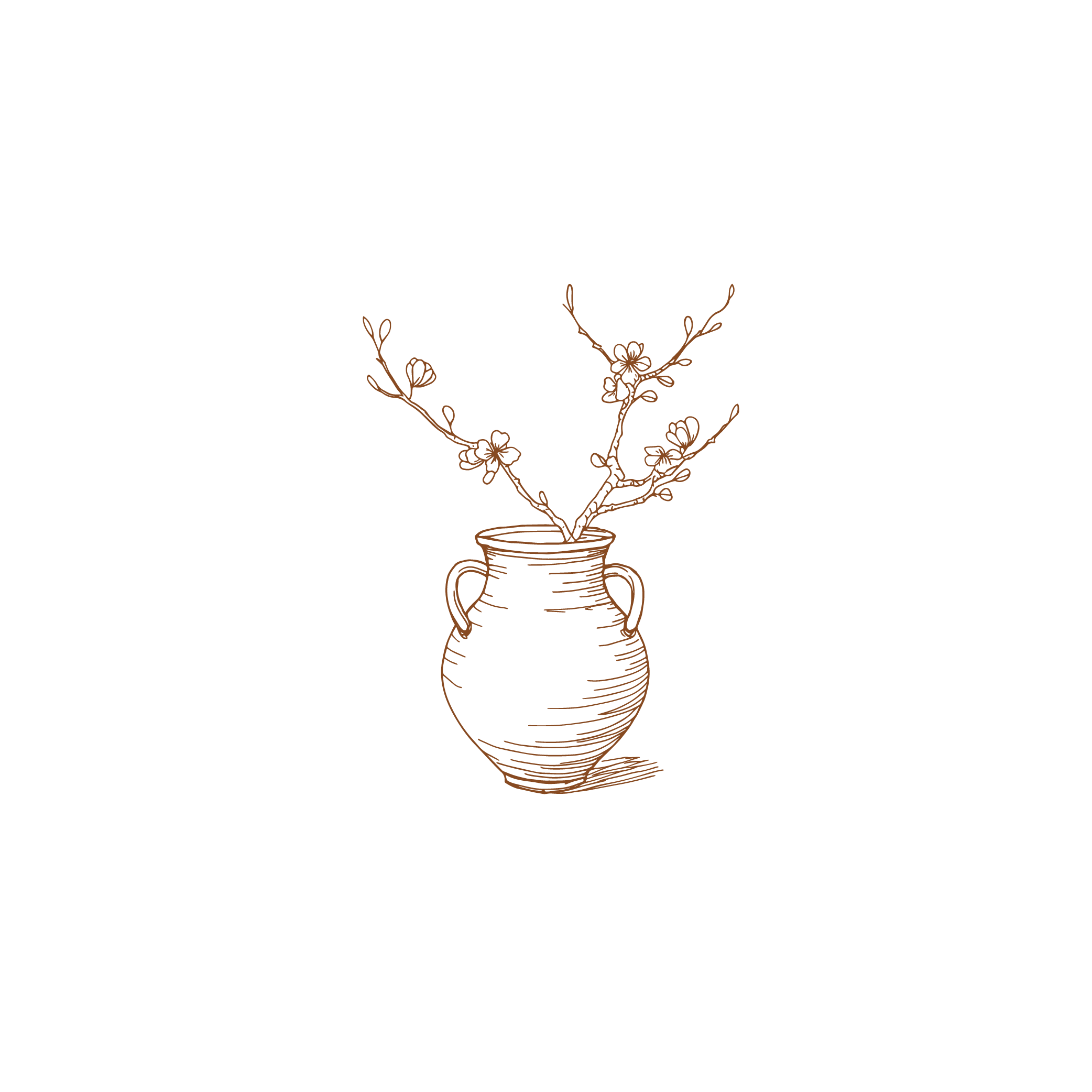 Line drawing of a flowered branch in a vase, with a black background.