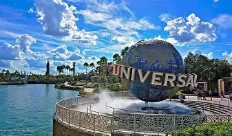The Universal Studios globe logo at the entrance of Universal Studios theme park, with a blue sky and clouds.