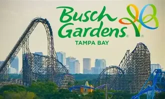 Busch Gardens Tampa Bay logo over a roller coaster and city skyline.