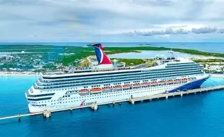 Large cruise ship sailing in ocean near a coastal area with land and water visible