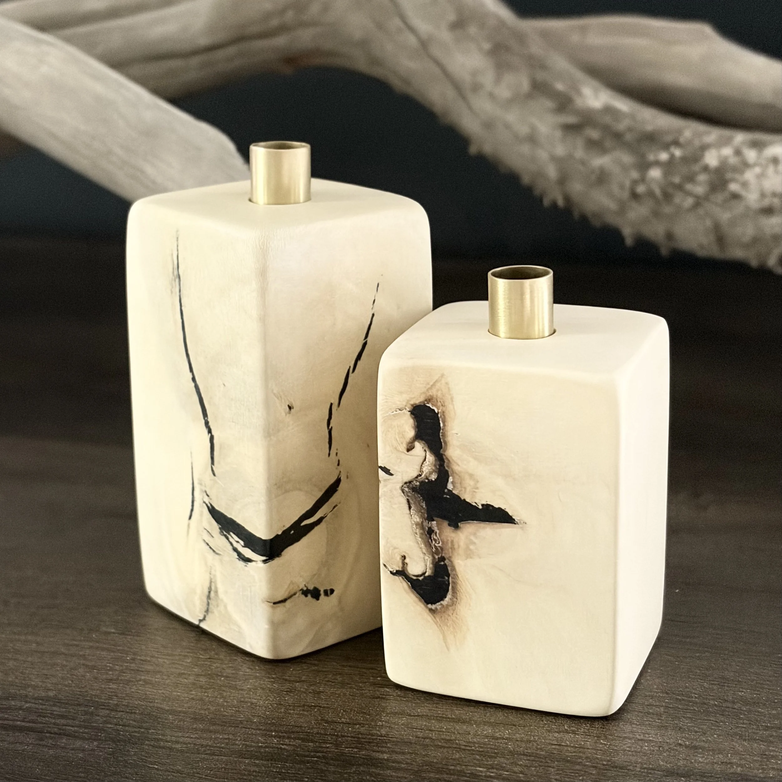 holly wood candlestick duo  with decorative inlay