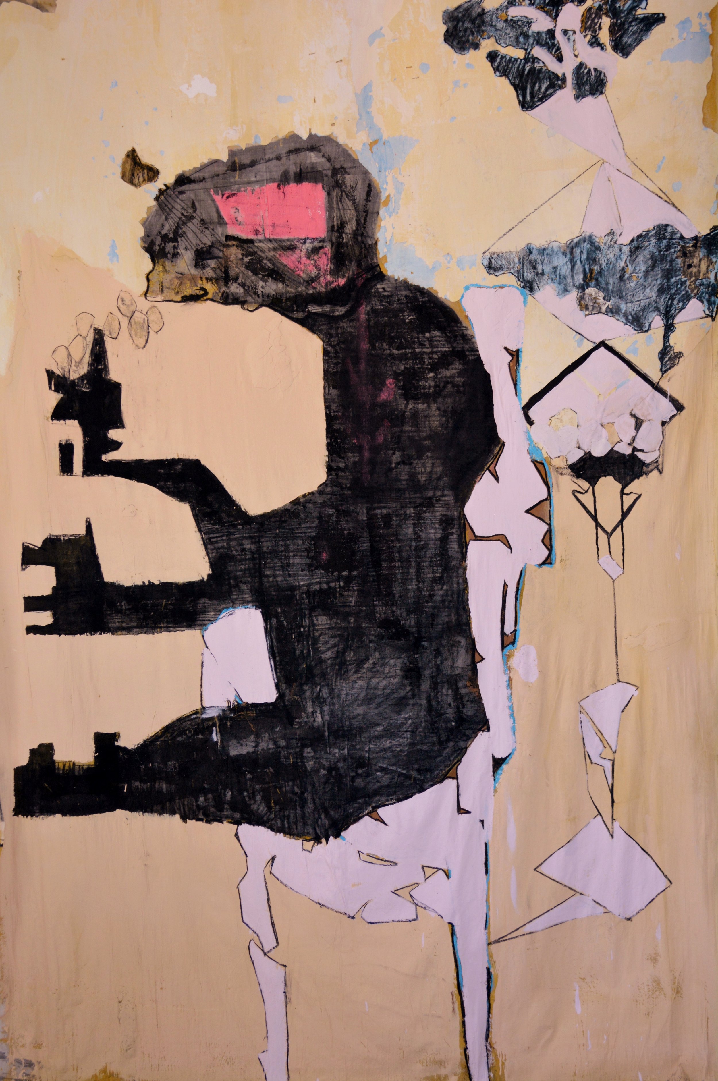 No.sp.no.tm, 2015
210 x 160 cm
Ink, acrylics, oil pastels, charcoal on fabric
