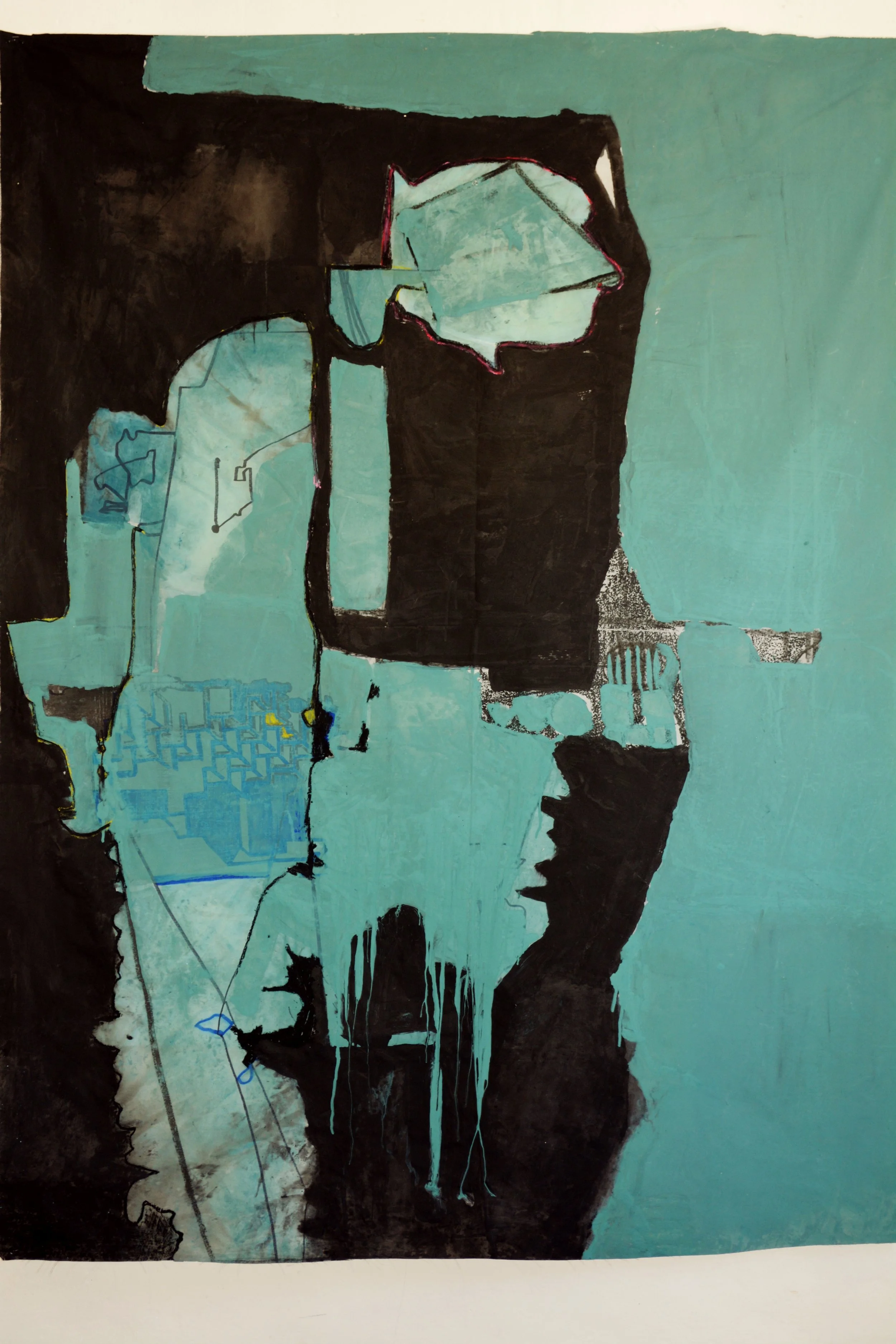 Flooring, 2016
200 x 160 cm
Acrylics, charcoal, oil pastels on waterproof fabric
(Part of my first solo exhibition time.mis.place.d)
