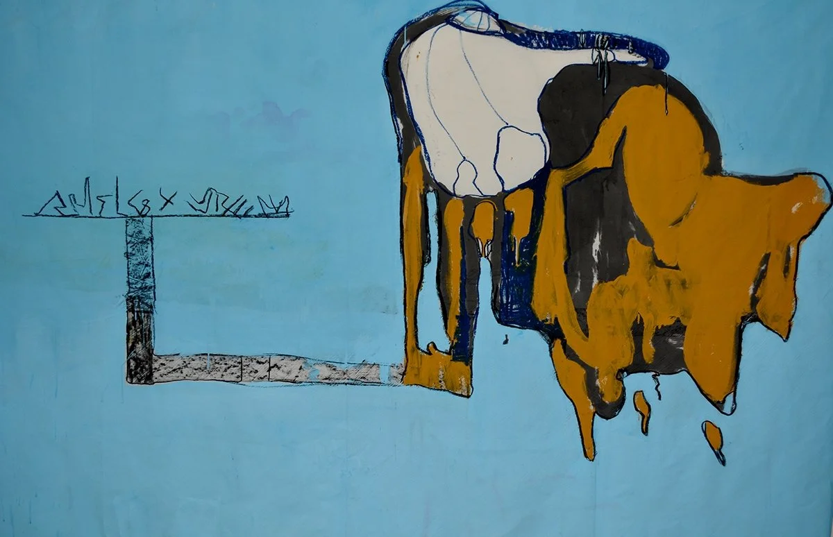 Two-sided hanged painting , acrylics, charcoal, oil pastels on waterproof fabric, 
220 x 150 cm
(Urban Gorillas Group Exhibition ‘’ Order and Disorder in Chaos ‘’ , 2015)