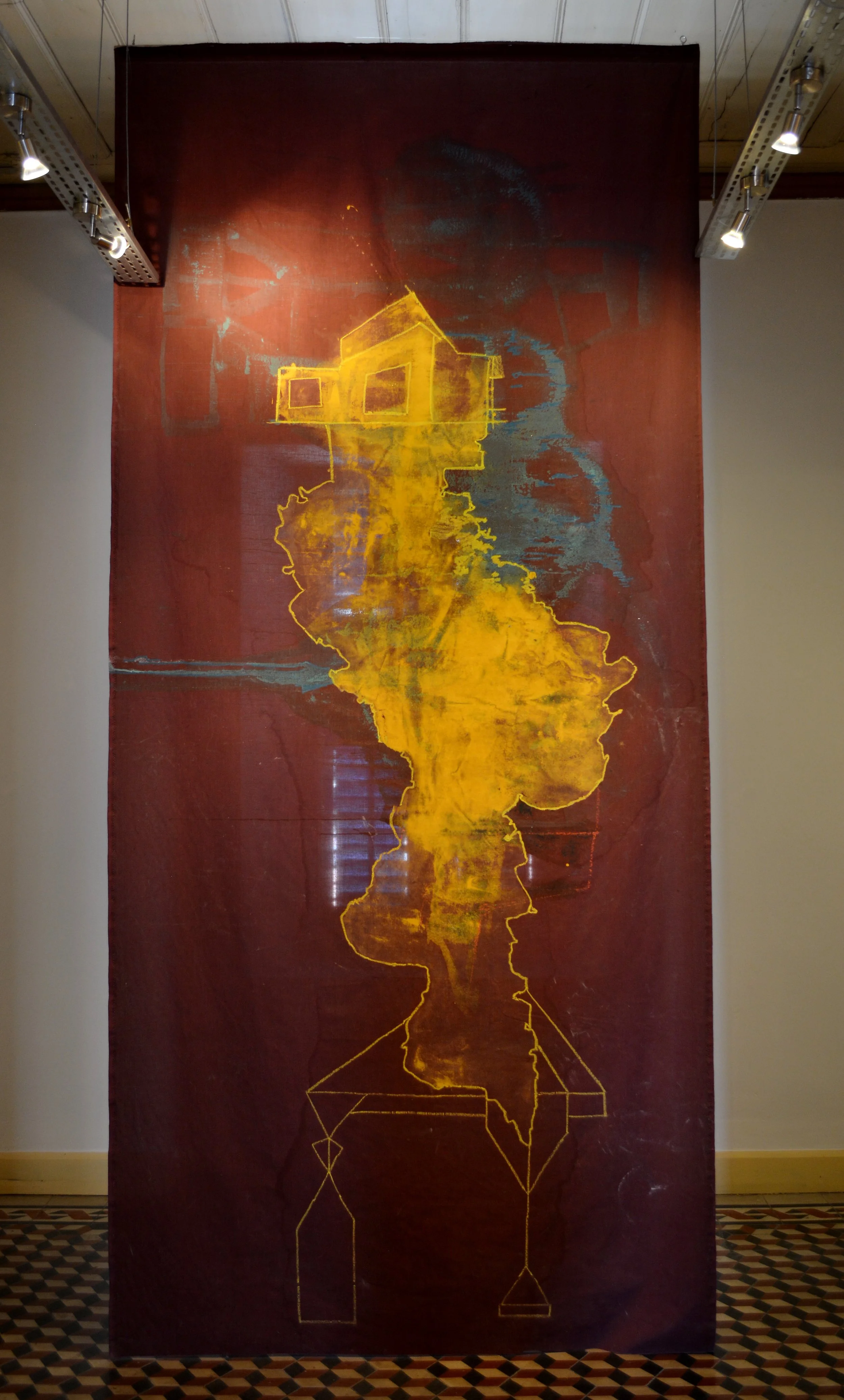 Standing island, 2016
320 x 155 cm
Acrylics, charcoal, oil pastels on fabric
(Shot of my first solo exhibition time.mis.place.d)