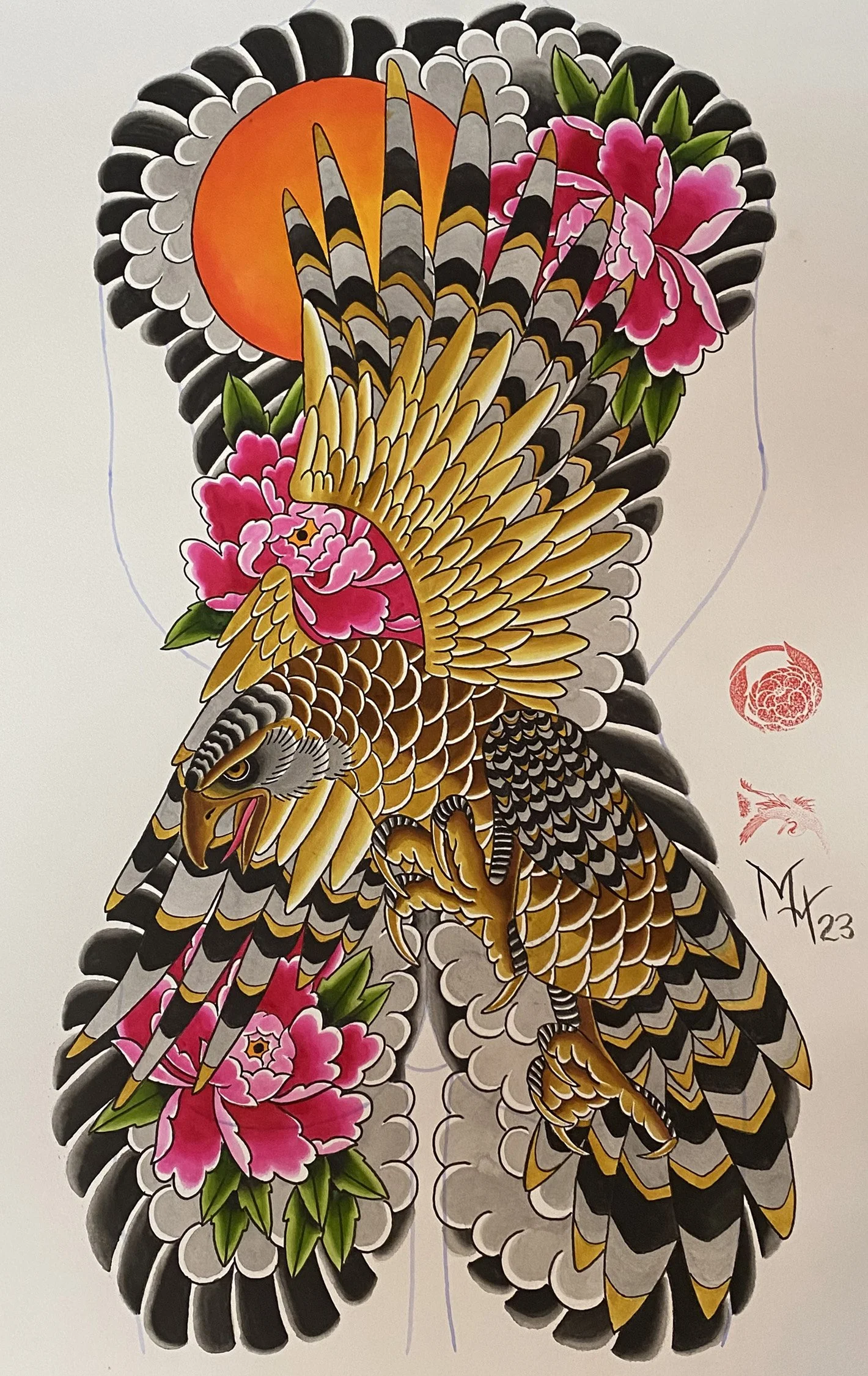 Japanese Hawk Backpiece Tattoo