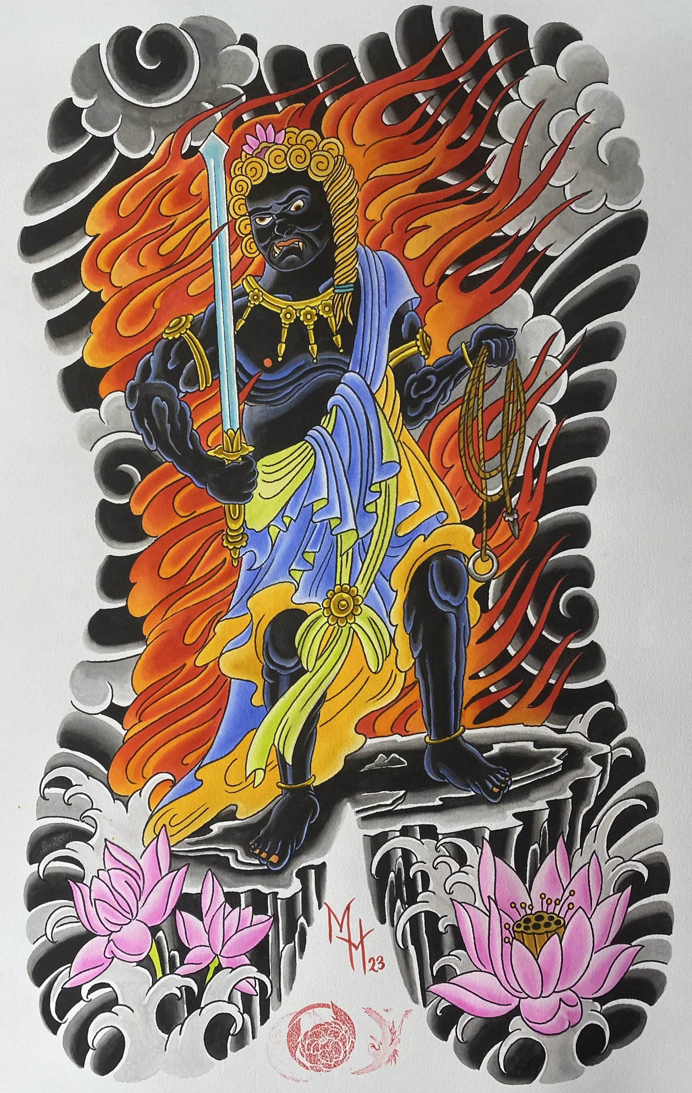 Fudo Myoo Japanese backpiece tattoo design by Marco at Red Crowned Irezumi Tattoo Las Vegas Nevada
