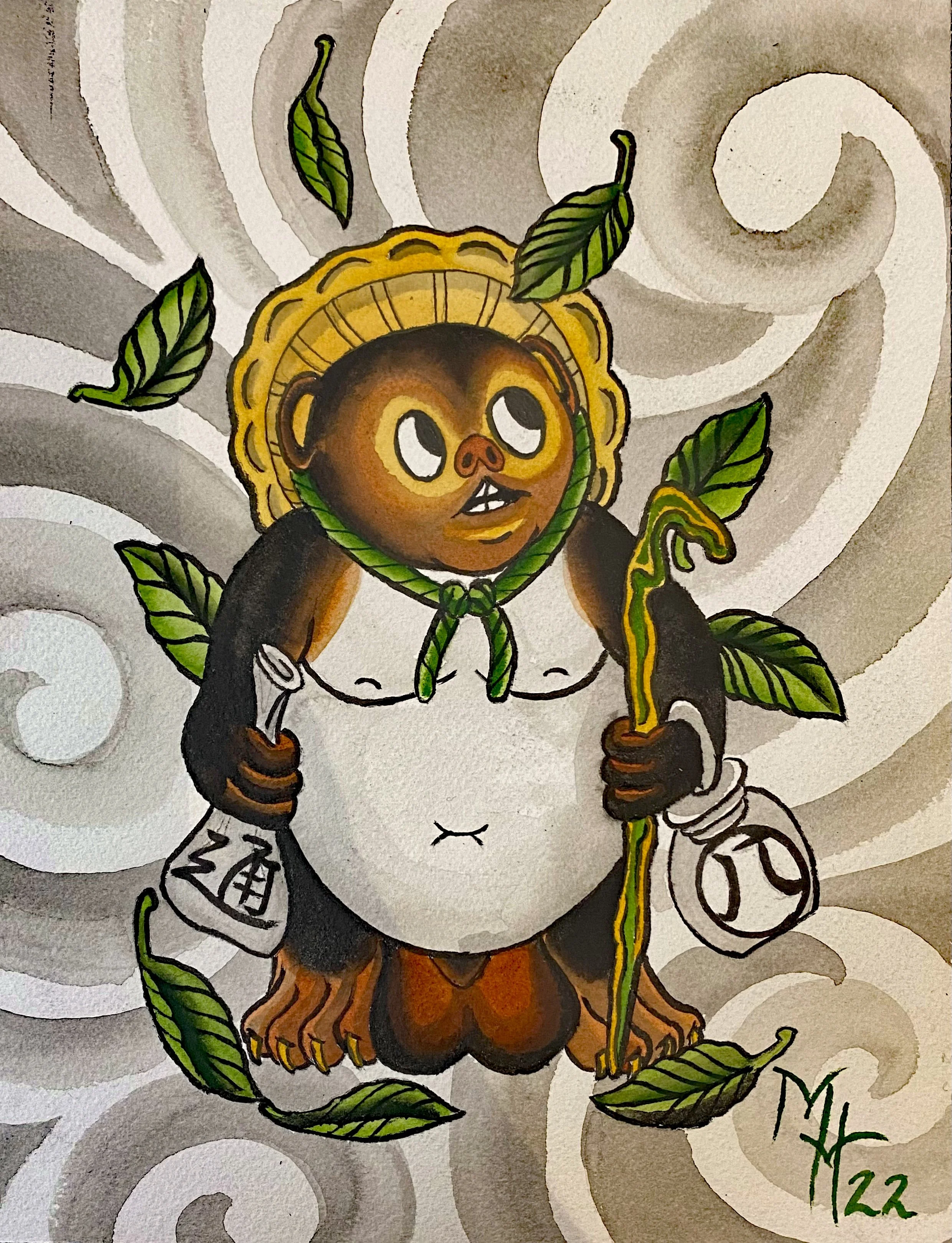 Japanese Tanuki painting by Marco Red Crowned Tattoo Las Vegas