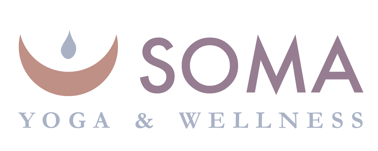 Logo for Soma Yoga & Wellness featuring a stylized figure with a water droplet and text