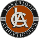 Logo of Lakerdige Athletic Club featuring a circular design with black, white, and orange colors, and the club's name.