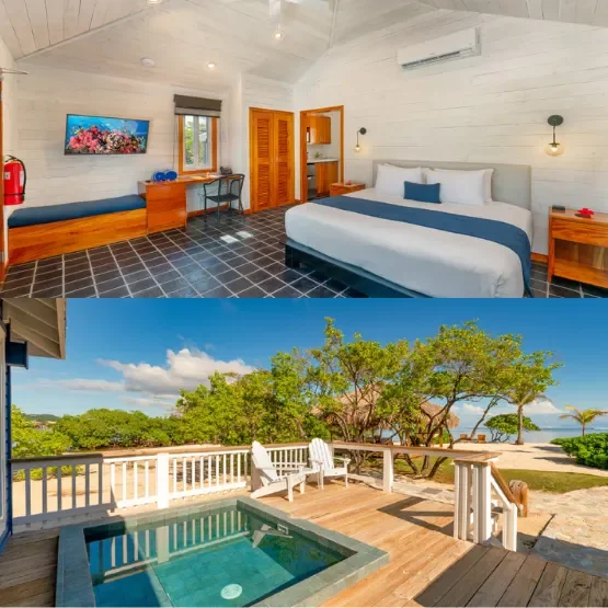 Image split into two parts: the top shows a cozy bedroom with a white wooden interior, a king-sized bed with white and blue bedding, a small wooden nightstand, a window, and wall-mounted lights. The bottom part displays a wooden deck with a hot tub, surrounded by a white railing, overlooking a beach with trees, sand, and ocean in the background.