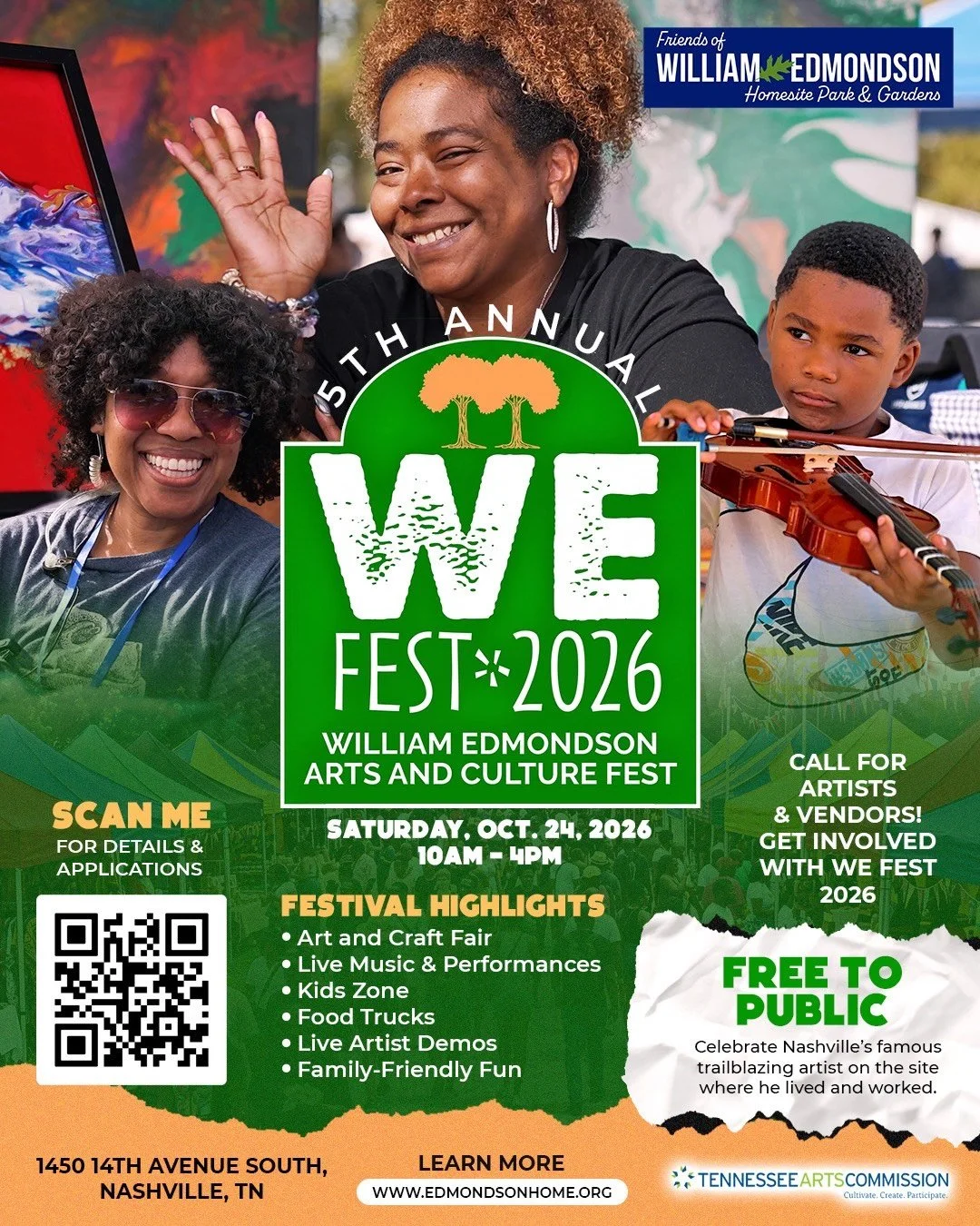 Come for the art. Stay for the music, food, and community.

I&rsquo;m excited to be part of the 5th Annual William Edmondson Festival (WE Fest) on Saturday, October 24!

WE Fest is a free day out for everyone featuring an art fair, live music, dance 