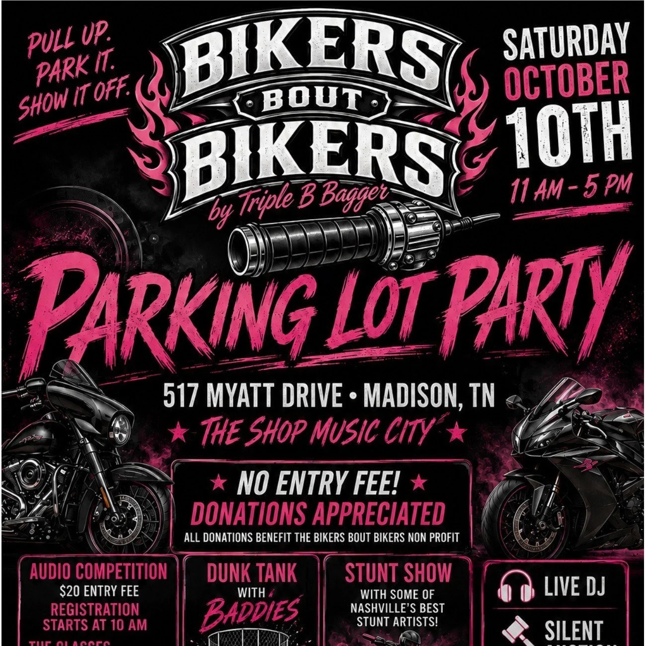 Saturday: a parking lot full of motorcycles, and a table full of silver.
Ramble &amp; Riot is vending at the Bikers Bout Bikers Parking Lot Party this Saturday, October 10th &mdash; out at The Shop Music City, 517 Myatt Drive in Madison.

Eleven to f