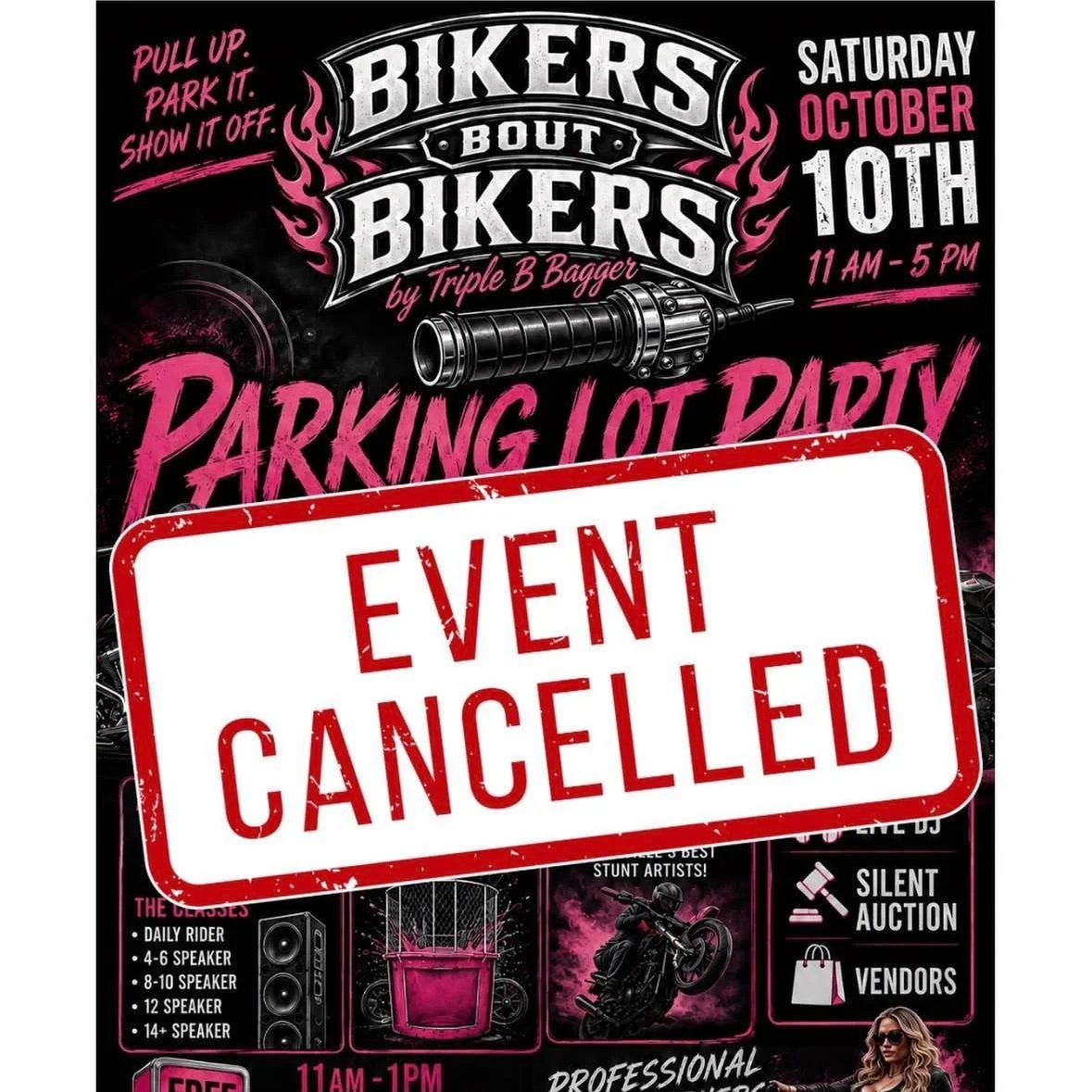Saturday's off.

@_triplebbagger has had to cancel the Bikers Bout Bikers Parking Lot Party &mdash; the forecast made the call for them. The right one, if you've ever tried to run an outdoor event in the rain, but a hard one after the work they put i