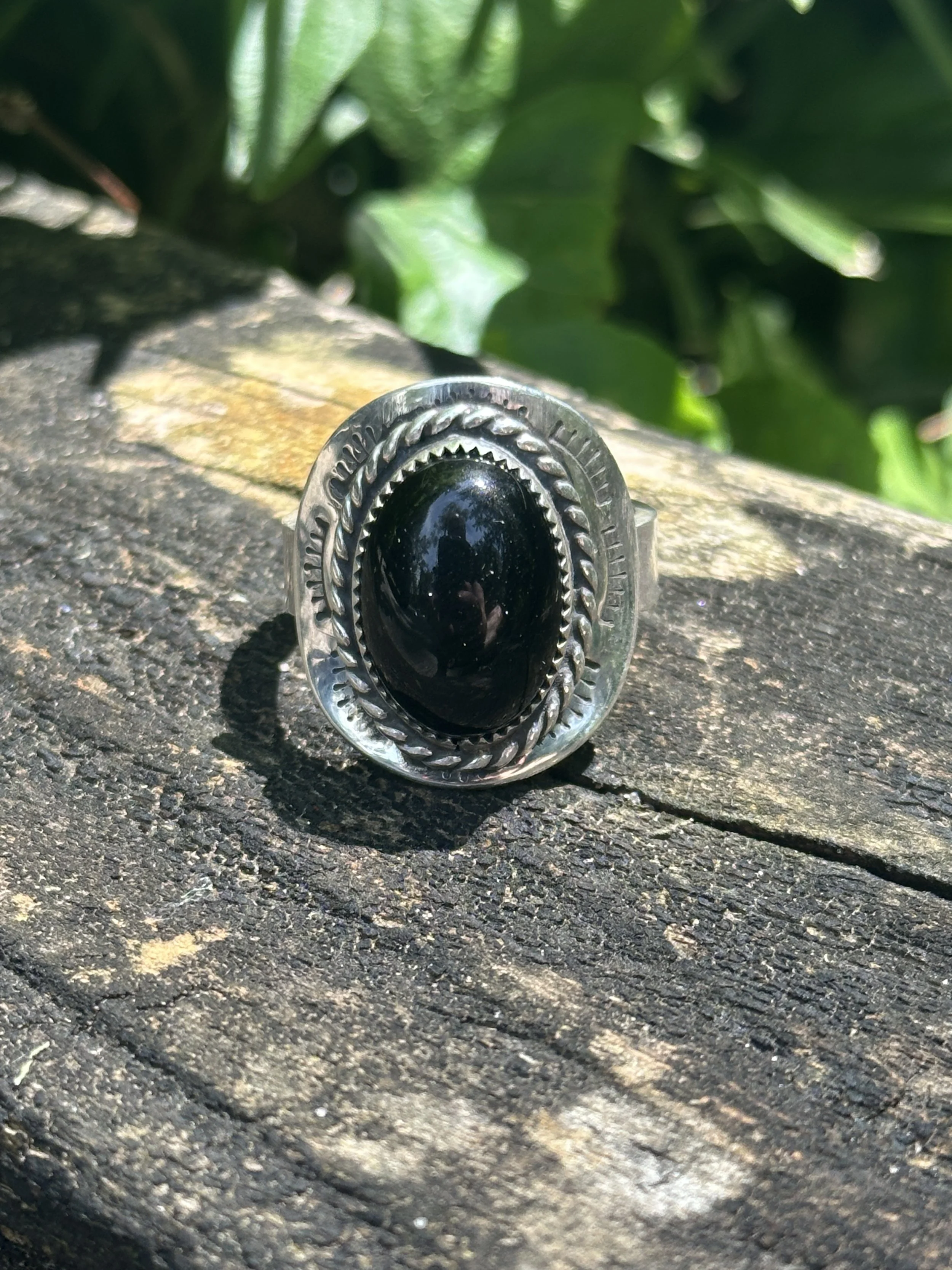 The Outlaw // Hand-Stamped Onyx Shield Ring