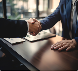 Two people shaking hands across a desk in a business setting.