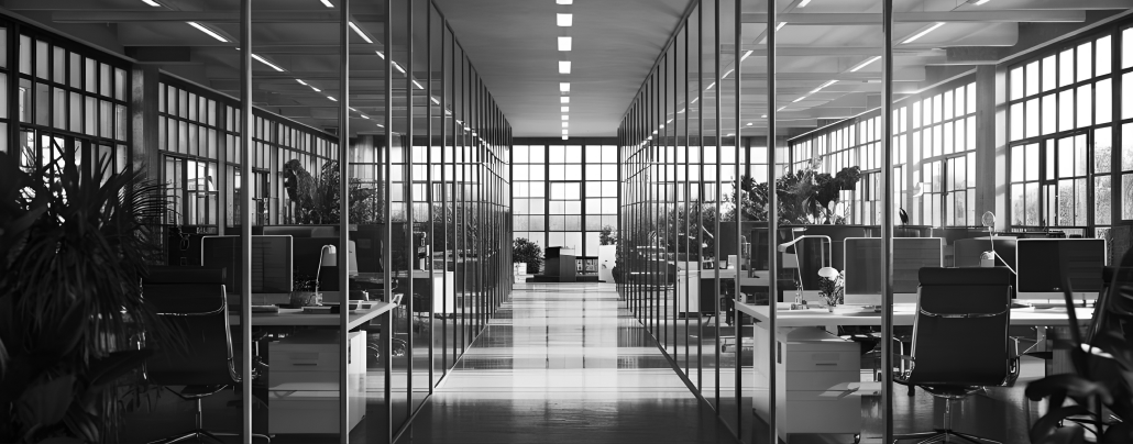 Modern office with glass partitions, desks, and chairs in a well-lit workspace.