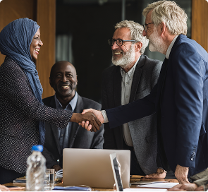 A diverse group of four business professionals, including a woman in a hijab, shaking hands in a conference room with a laptop and water bottle on the table.
