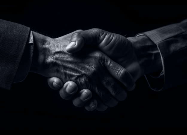 Close-up of two people shaking hands in a professional setting, wearing business suits.