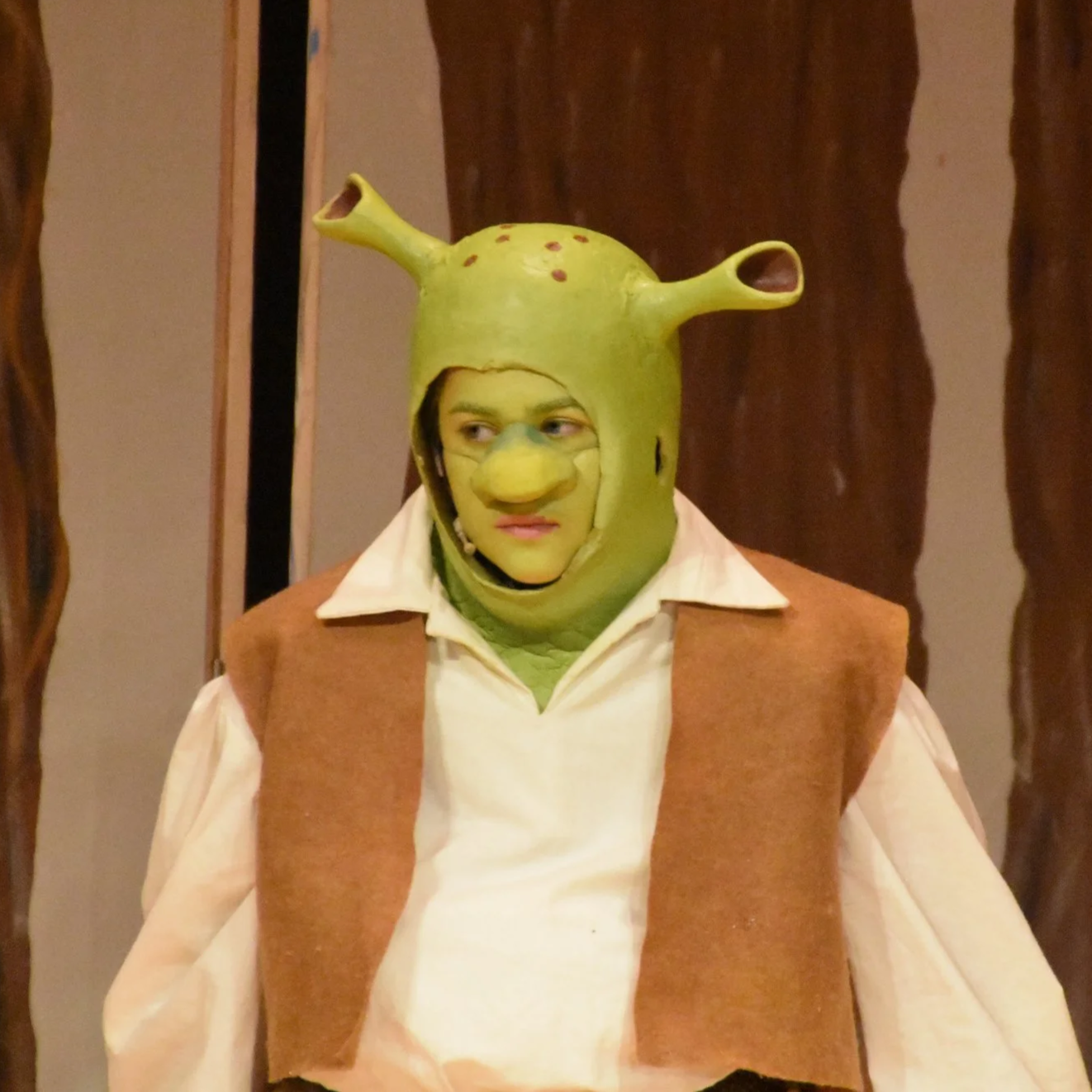 Person wearing an elaborate costume with a green mask resembling a snail, including antennae, and a face painted with a large nose, dressed in a white shirt and brown vest.