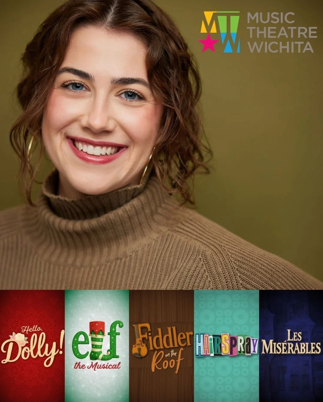 Poster for Music Theatre Wichita featuring a smiling woman with curly brown hair wearing a brown turtleneck sweater, and a row of logos for different musical productions at the bottom.
