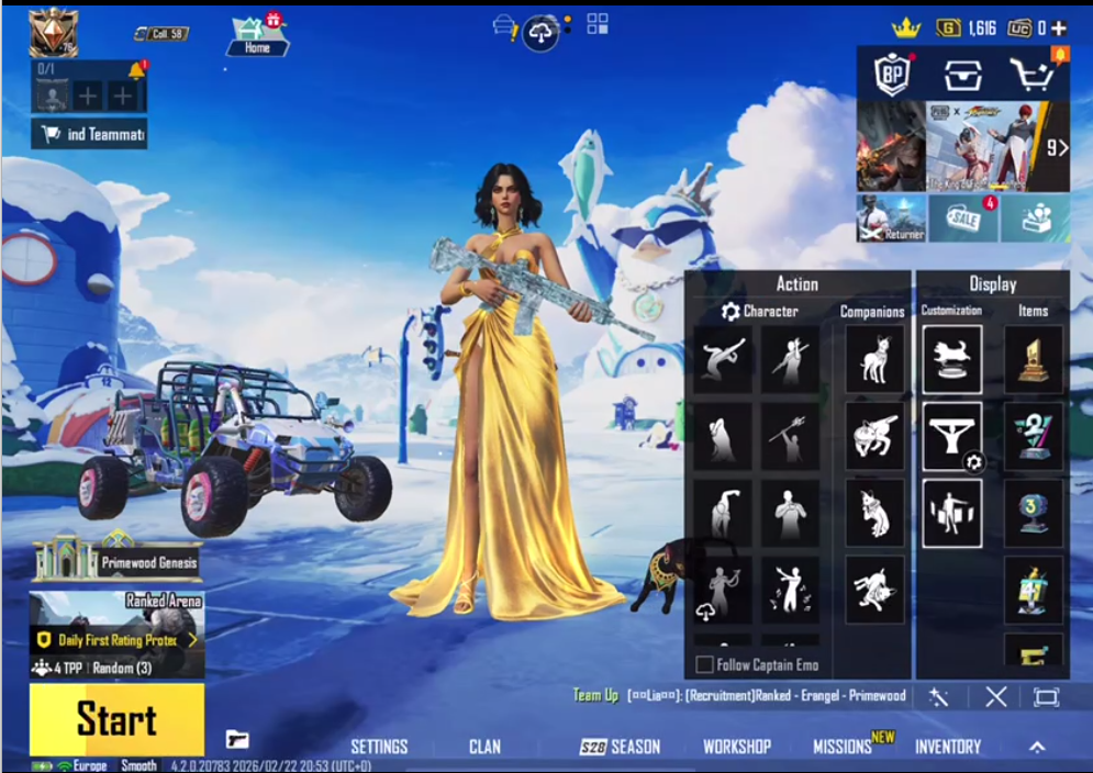 Level 76, 72 mythic, M416 Glacier level 6, Ice scarlet level 4 kill message