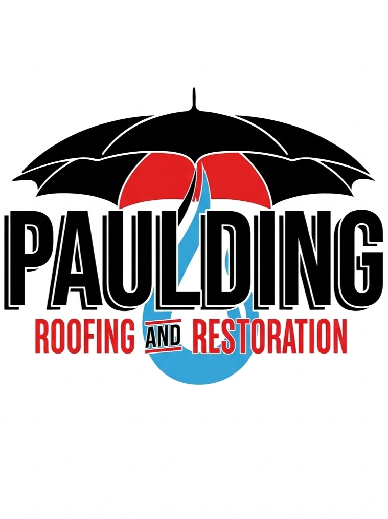 Logo for Paulding Roofing and Restoration featuring a black umbrella with red and blue accents, with the company name in bold black letters and service description in red text.