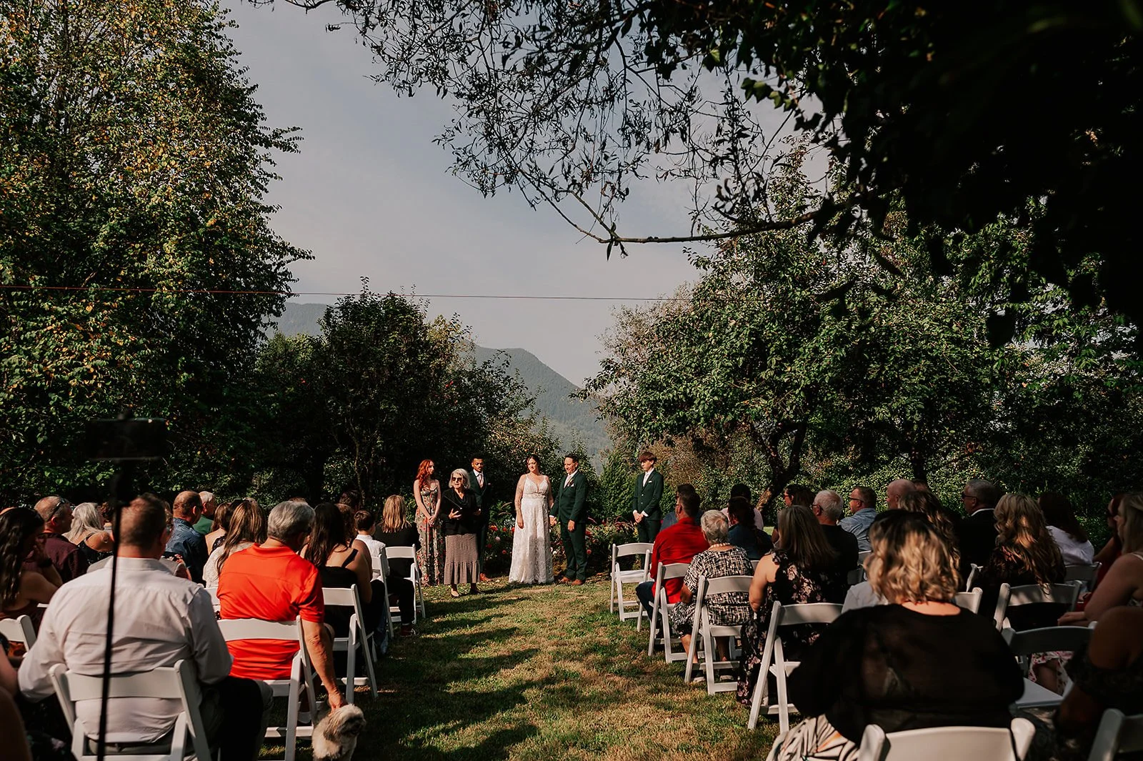 Wedding ceremony outdoors with guests seated on white chairs, officiant and bride and groom standing in front, surrounded by trees and mountains in the background.