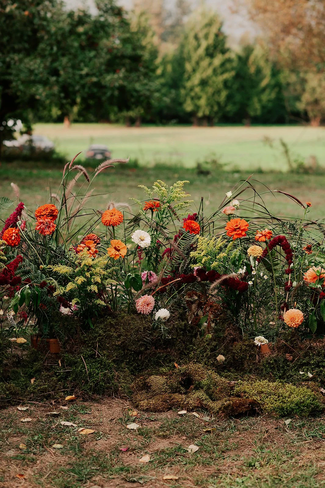 A colorful flower arrangement with orange, pink, white, and red flowers, set against a blurred greenery background.