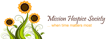 Logo for Mission Hospice Society with sunflower graphics and the slogan 'when time matters most'.