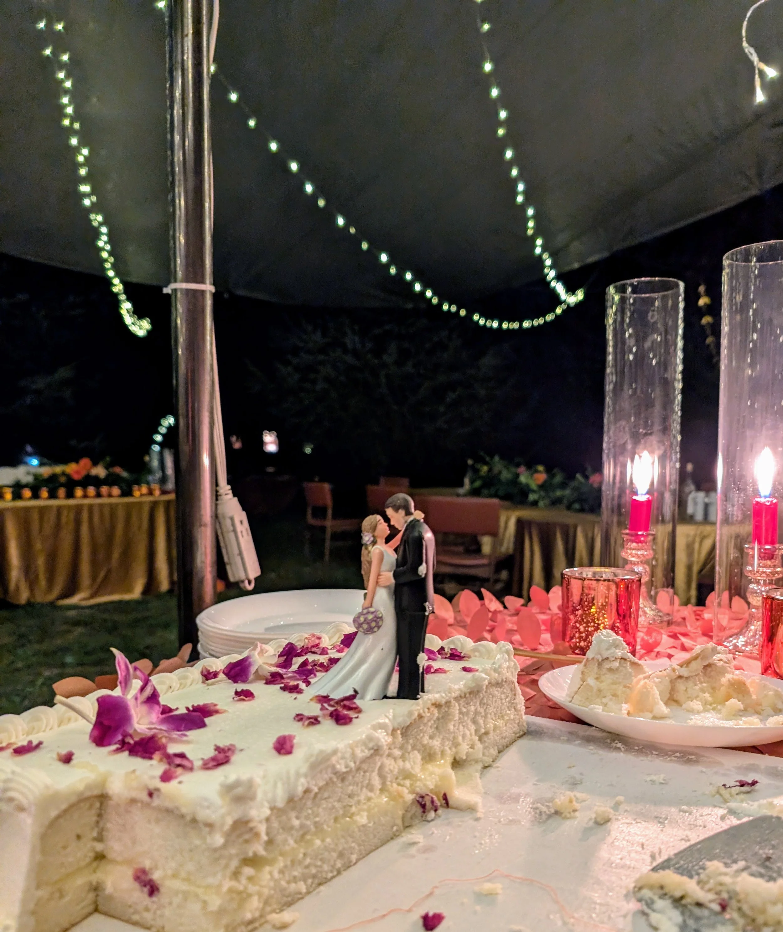 A wedding cake decorated with purple and pink flower petals and a topper of a bride and groom figurine, with slices missing and plates nearby, under string lights and candles at a nighttime wedding reception.