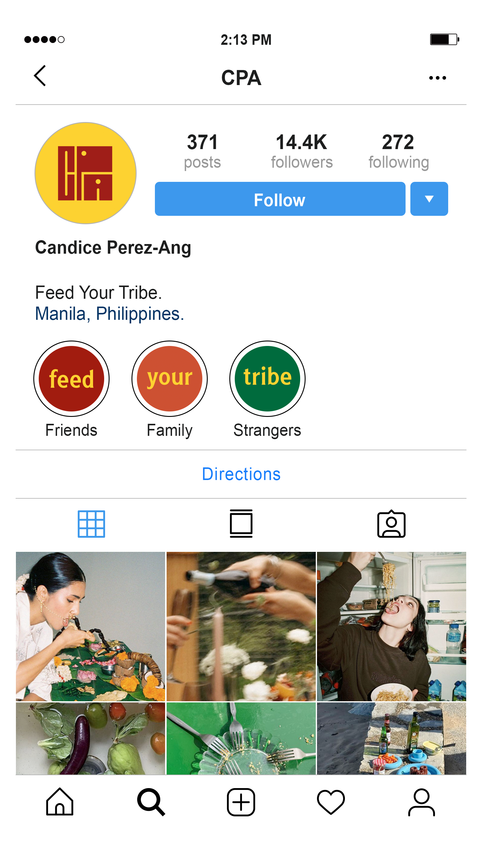 Instagram profile page of Candice Perez-Ang, who is from Manila, Philippines, with 371 posts, 14.4K followers, and 272 following. The profile has a colorful logo, and there are images of people eating, cooking, and food items at the bottom.