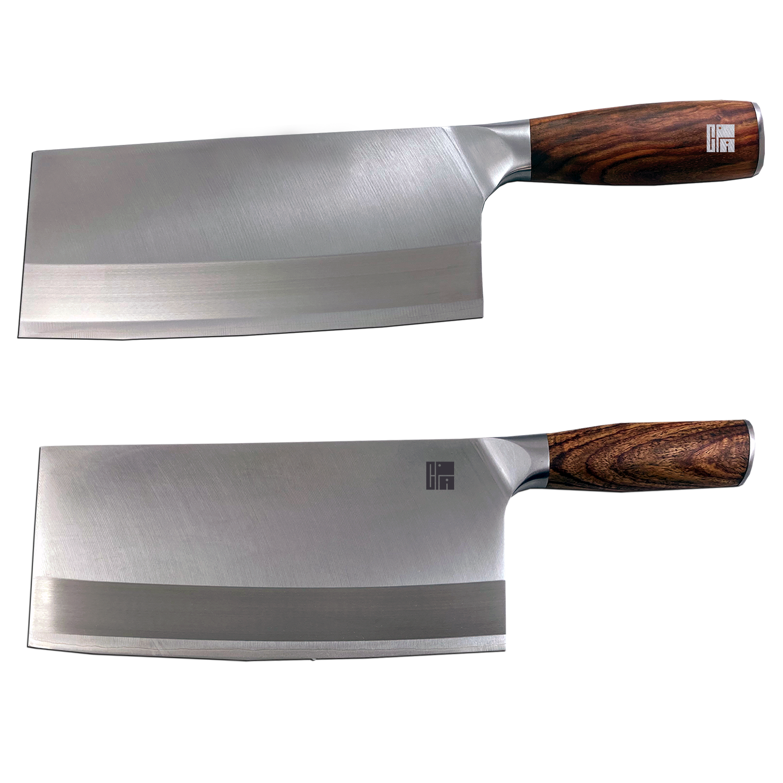 Two Japanese-style chef's knives with wooden handles, one larger and one smaller, displayed against a black background.
