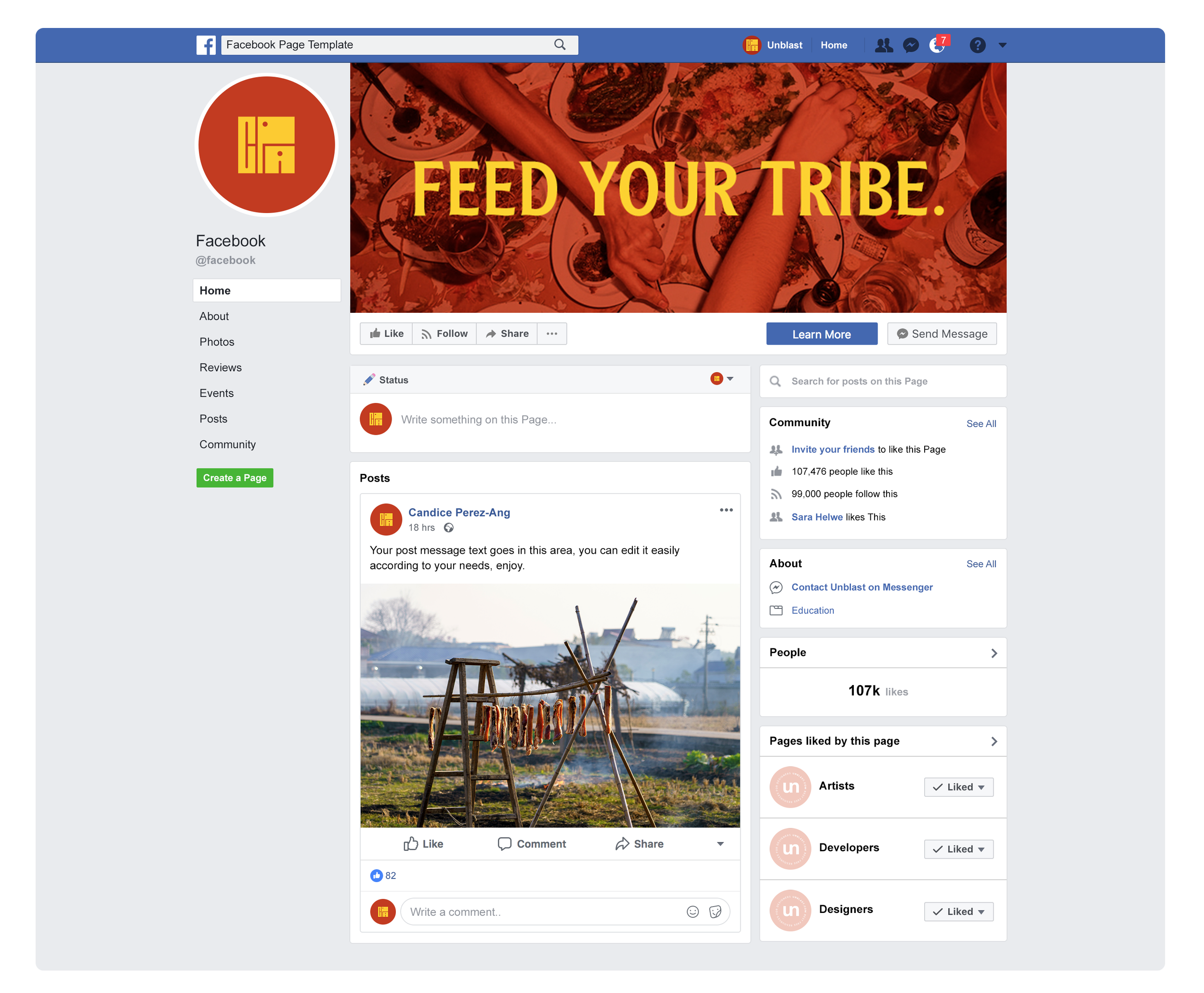 A Facebook page template with a header image showing a person grilling meat and vegetables on a barbecue, with the text 'FEED YOUR TRIBE' overlaid in yellow.