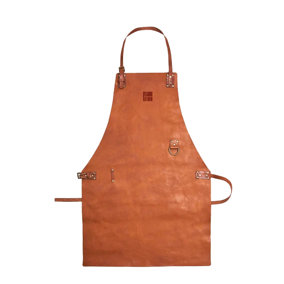 Leather apron with adjustable neck strap and multiple pockets.
