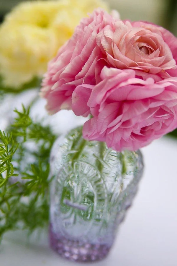 Close-up of pink and yellow ranunculus flowers in a clear textured glass vase with green foliage nearby.