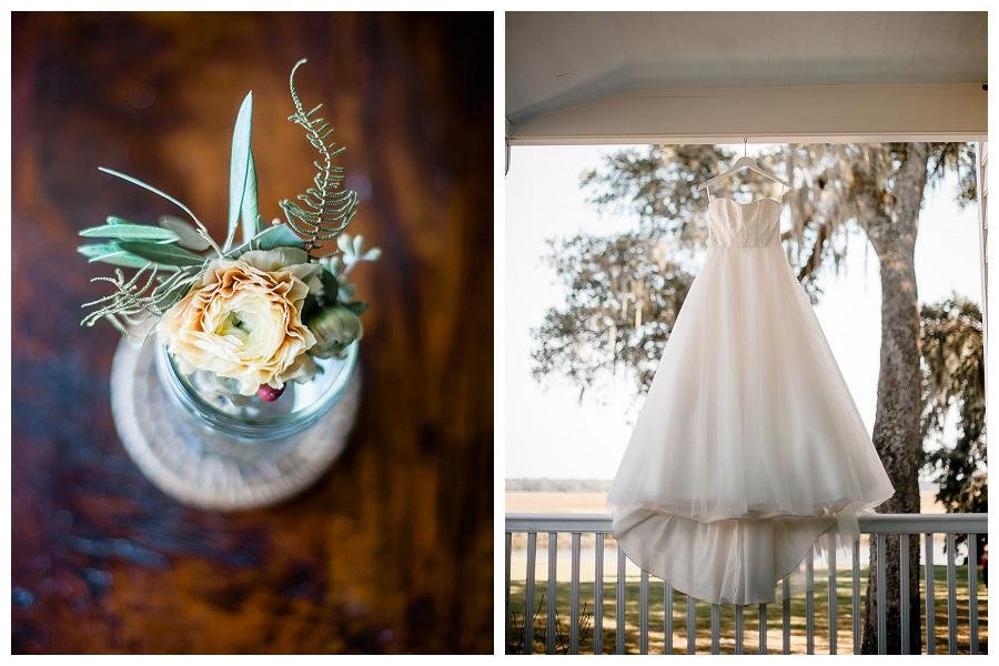Side-by-side images: the left shows a top-down view of a small flower arrangement with pale yellow and cream flowers, eucalyptus leaves, and decorative dried foliage in a jar on a wooden surface; the right shows a white wedding dress hanging on a por