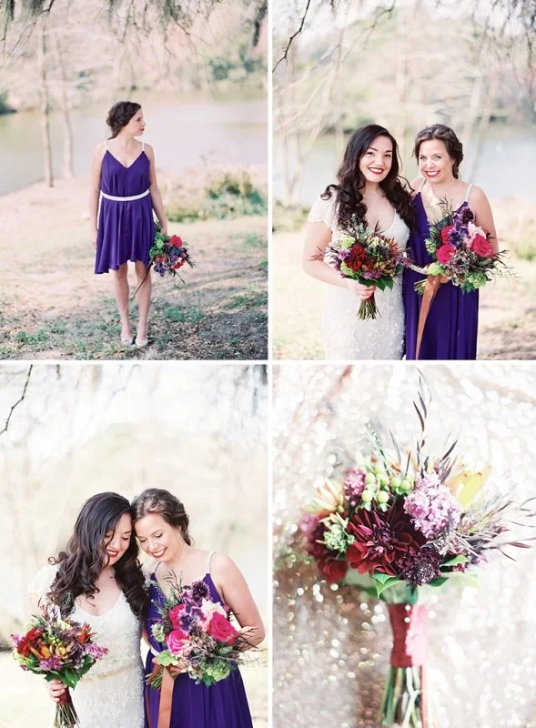 Four-panel collage showing bridesmaids and bride holding colorful bouquets outdoors in a park with trees and water background.