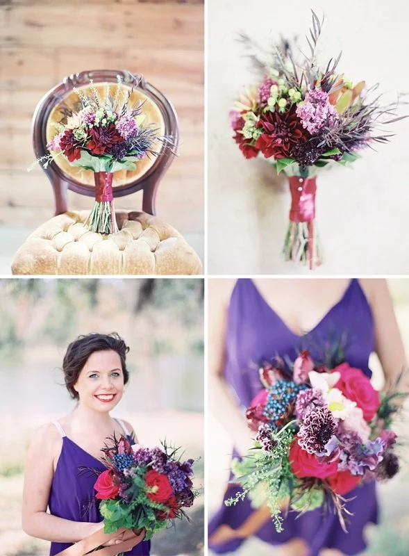 A collage of four images featuring a bouquet of flowers, a woman holding the bouquet outdoors, and the bouquet resting on a chair. The bouquet contains various colorful flowers and greenery.