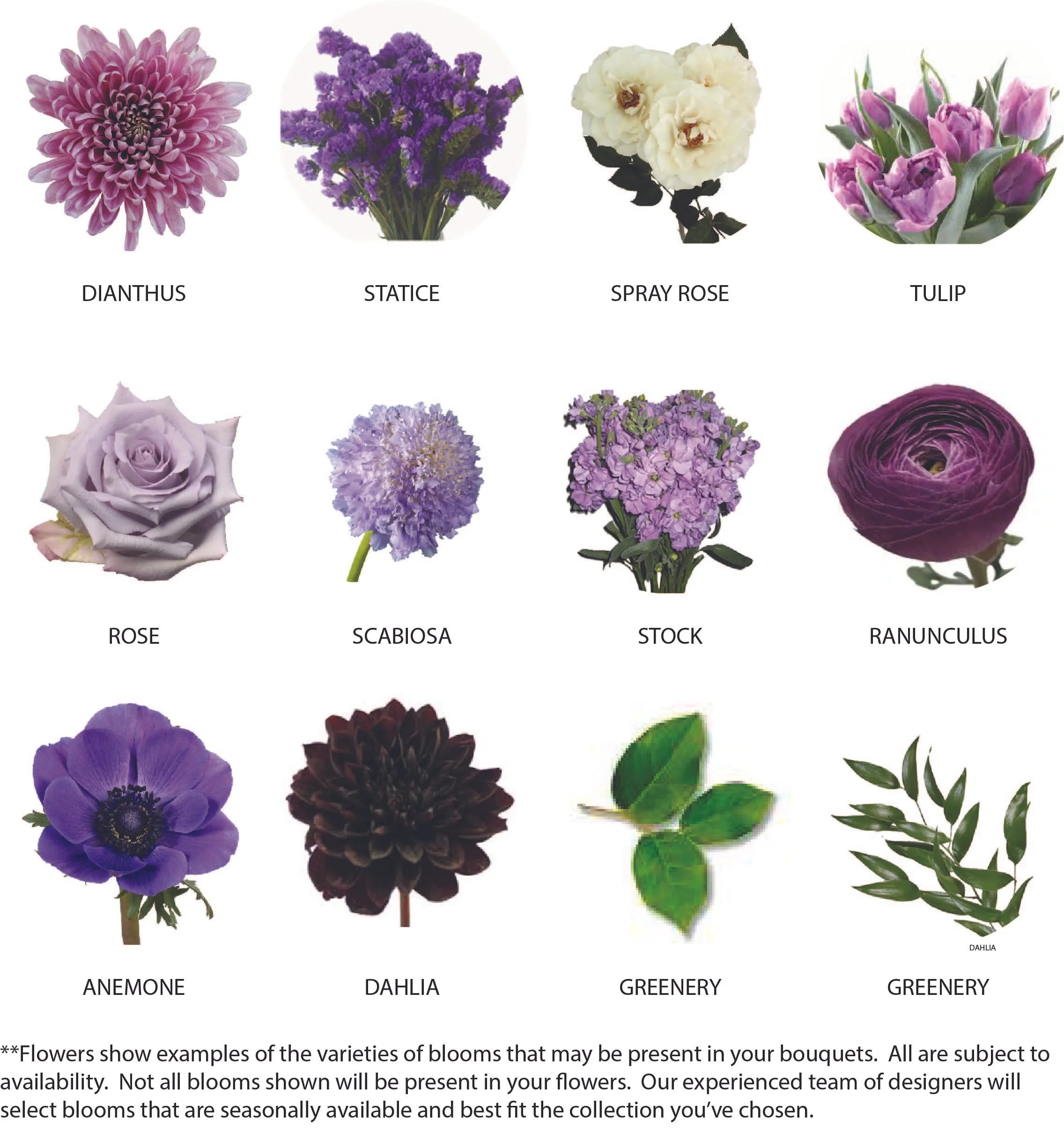 A grid of various flowers with labels including dianthus, statice, spray rose, tulip, rose, scabiosa, stock, ranunculus, anemone, dahlia, and greenery, each flower displaying different colors and shapes.