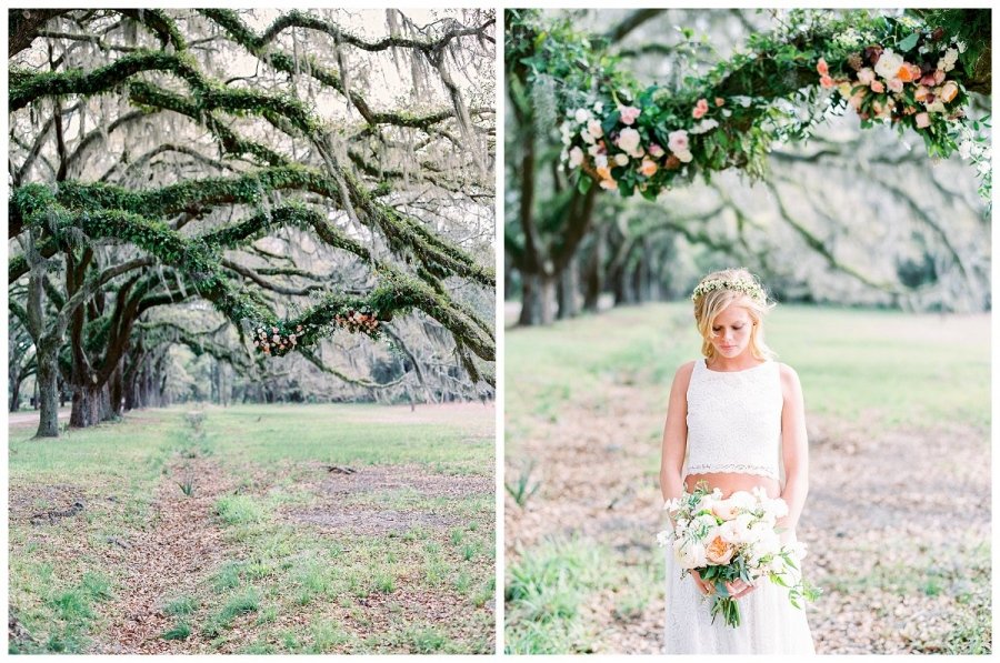 Pair of images from an outdoor wedding setting in a park with large moss-covered trees and a grassy field. The right image features a young bride in a white lace dress holding a bouquet of flowers, standing under a floral arch with pink and white blo