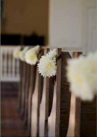 Wooden chairs decorated with white flowers in a row.
